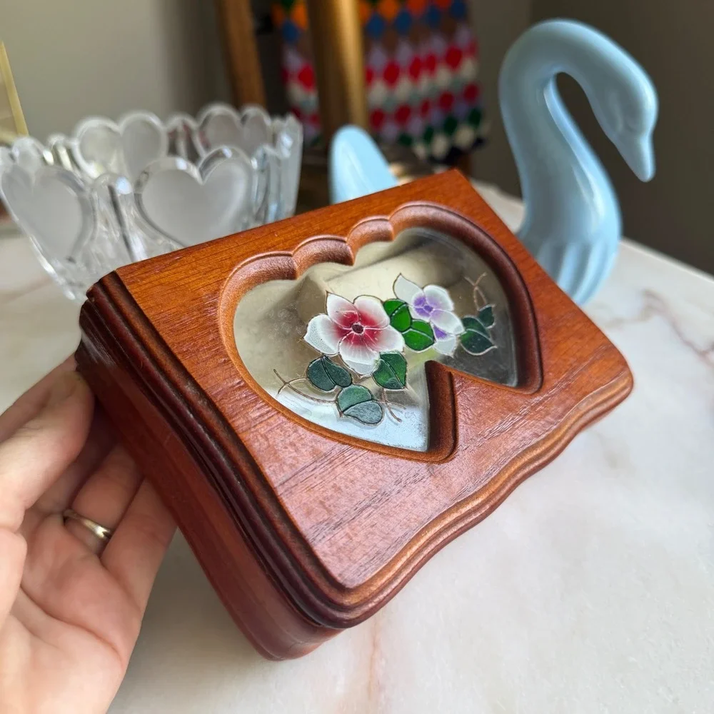 Vintage Wood Jewelry Box‎ Double Heart Floral Glass Inlay Trinket Box Organizer